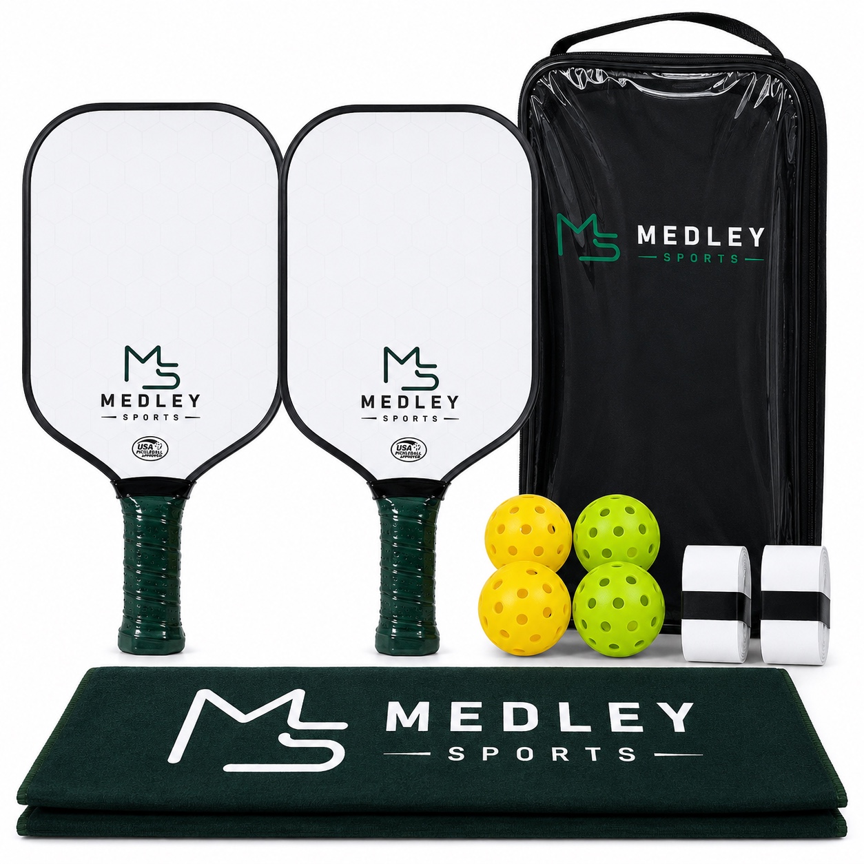 Medley Sports complete pickleball kit with two paddles, four balls, carrying bag, black towel and overgrips